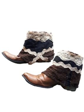 Boho Cowboy Boots 10 Custom Detailed  Lace Tan Brown Black